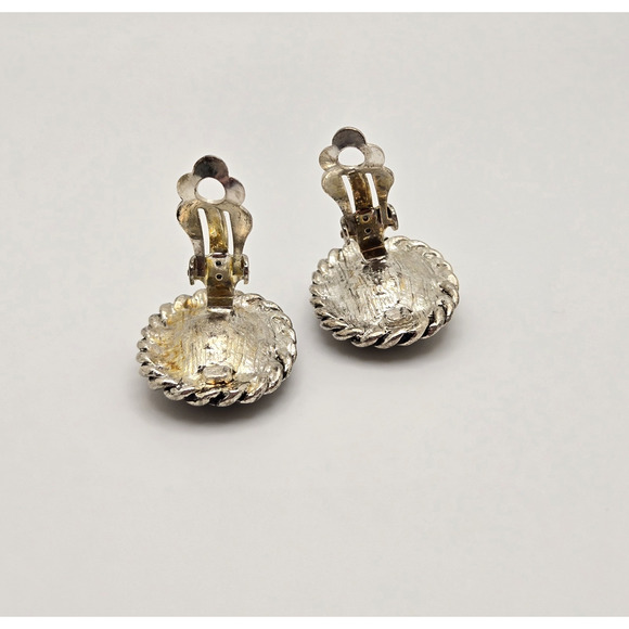 Vintage Earrings Black Oval Lucite Stone Chunky Silvertone Clip On Retro Classic - Picture 6 of 12